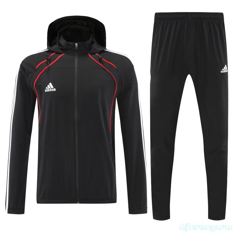 26/27 Adidas Black With Red logo Full Zipper Hooded Jacket Tracksuit + Long Pants