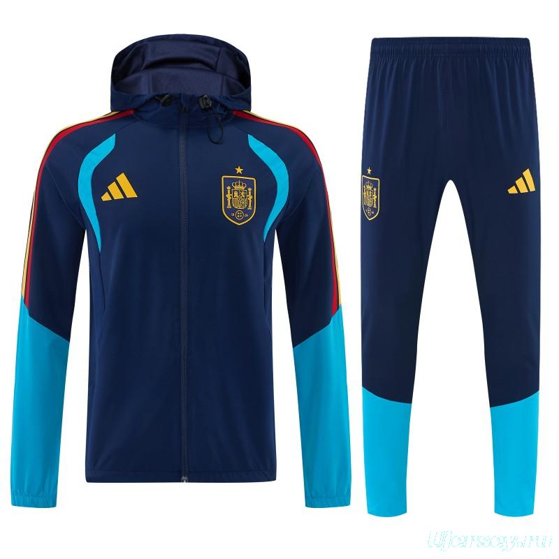26/27  Spain Navy Blue & Light Blue Full Zipper Hooded Jacket Tracksuit + Long Pants