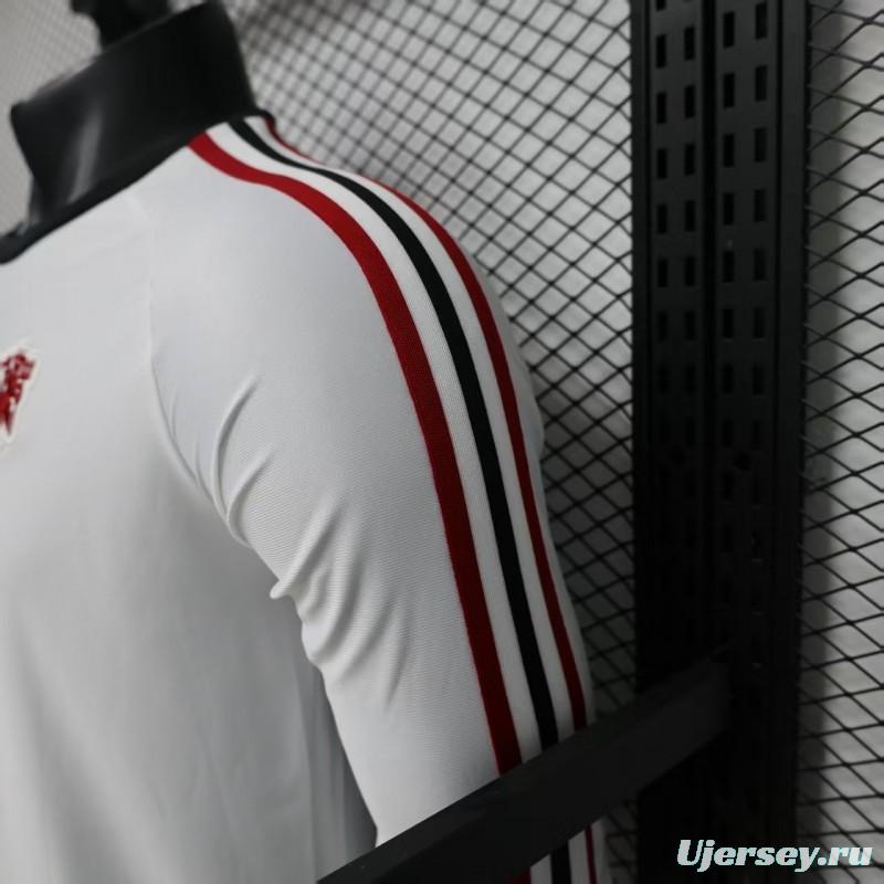 Player Version 2026 Manchester United Away White with  Red Shoulder Stripe Long Sleeve Jersey