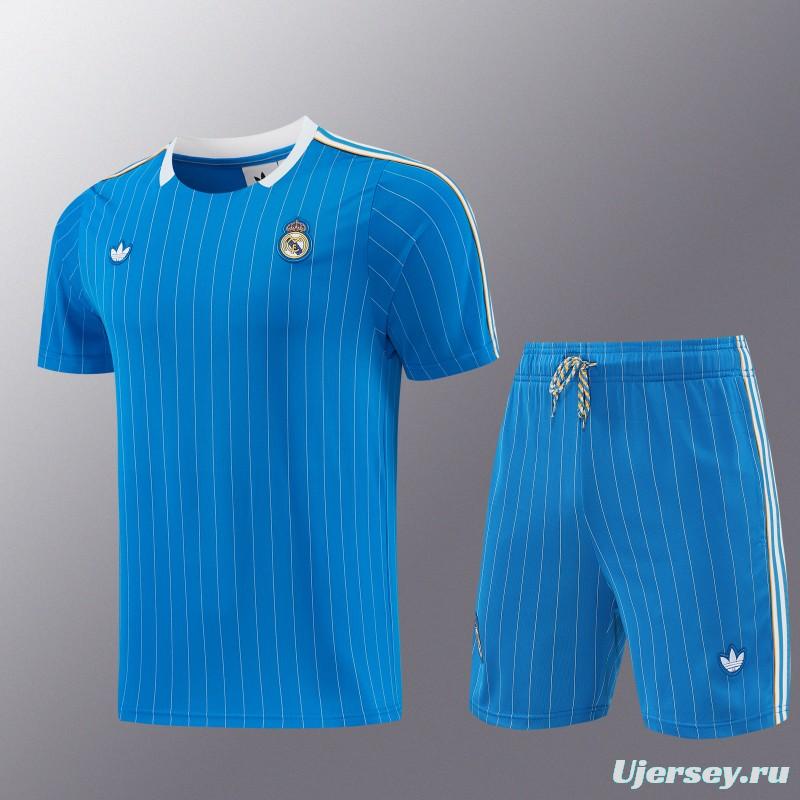 26/27 Real Madrid  Blue Pinstripe  Short Sleeve+Soccer Shorts