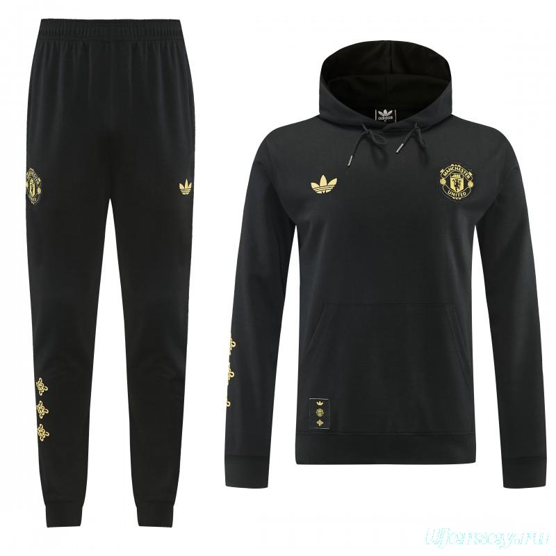 26/27 Manchester United Black Pullover Hooded Tracksuit + Long Pants
