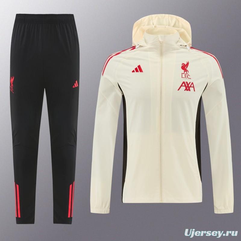 26/27 Liverpool Cream Full Zipper Hooded Jacket Tracksuit + Black Long Pants