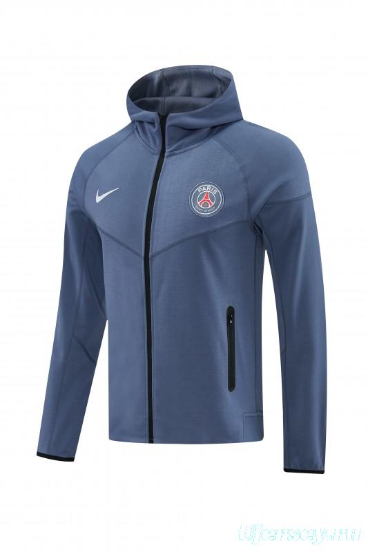 26/27  Paris Saint-Germain Steel Blue Full Zipper Hooded Jacket Tracksuit + Long Pants