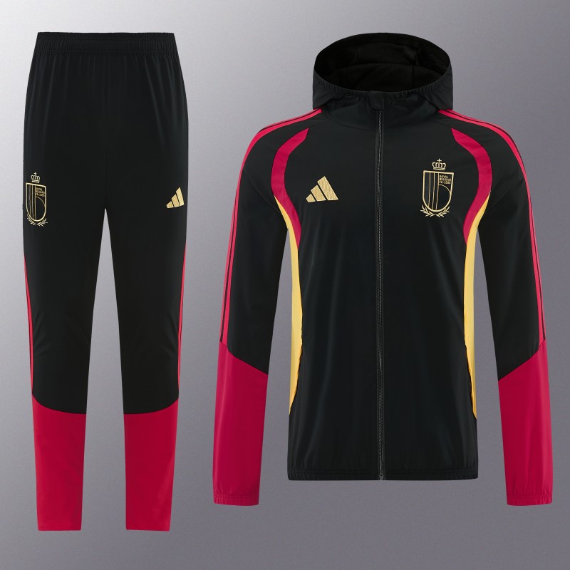 26/27 Belgium  Black Full Zipper Hooded Jacket Tracksuit + Long Pants