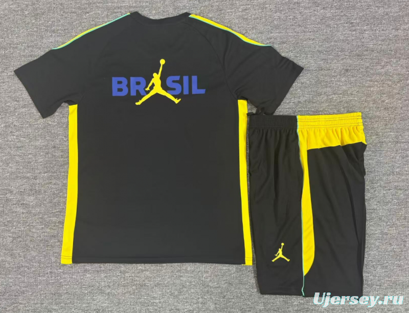 2026  Kids Brazil Black & Yellow Short Sleeve+Soccer Shorts