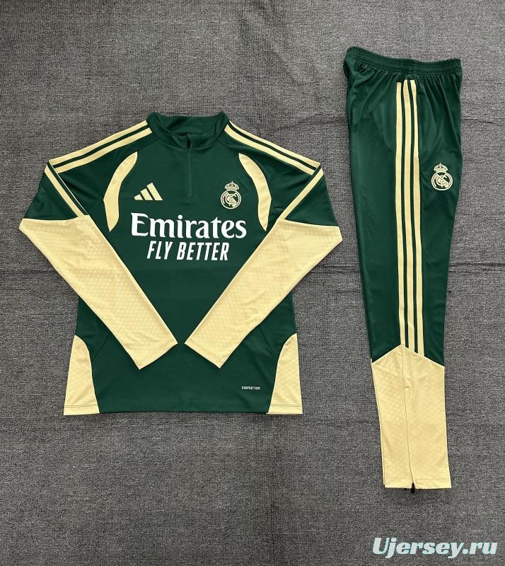 2026 Kids Real Madrid Green & Cream  Half Zipper Jacket Tracksuit + Long Pants