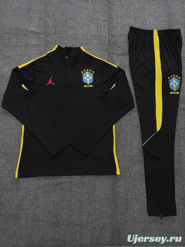 2026 Kids Brazil Black & Yellow Half Zipper Jacket Tracksuit + Long Pants