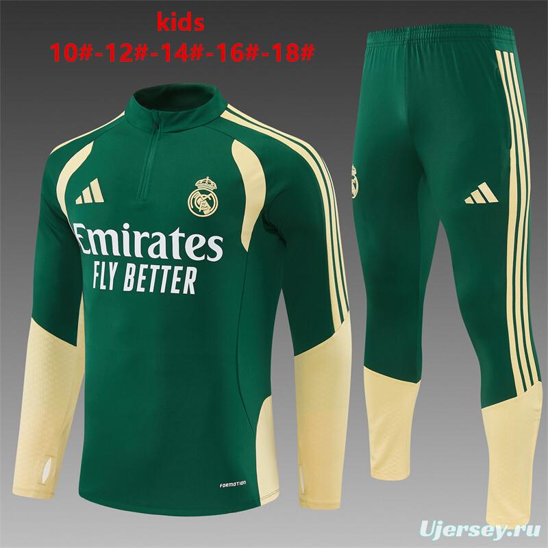 2026 Kids Real Madrid Green & Cream  Half Zipper Jacket Tracksuit + Long Pants
