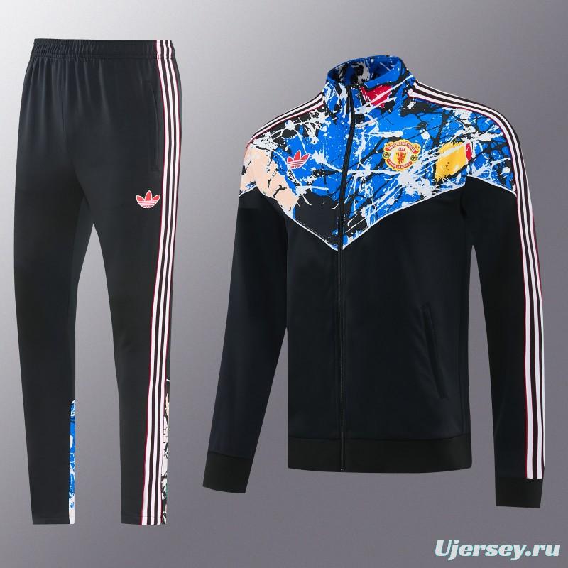 2026/27 Manchester United Black Grunge Splatter Paint Full Zipper Jacket Tracksuit + Long Pants