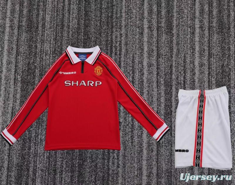 Retro Kids 98/99 Manchester United Red Home Long Sleeve Jersey
