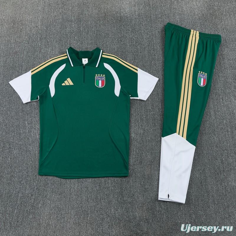 2026 Italy Green & White Half-Zip Polo Short Sleeve Tracksuit + Long Pants