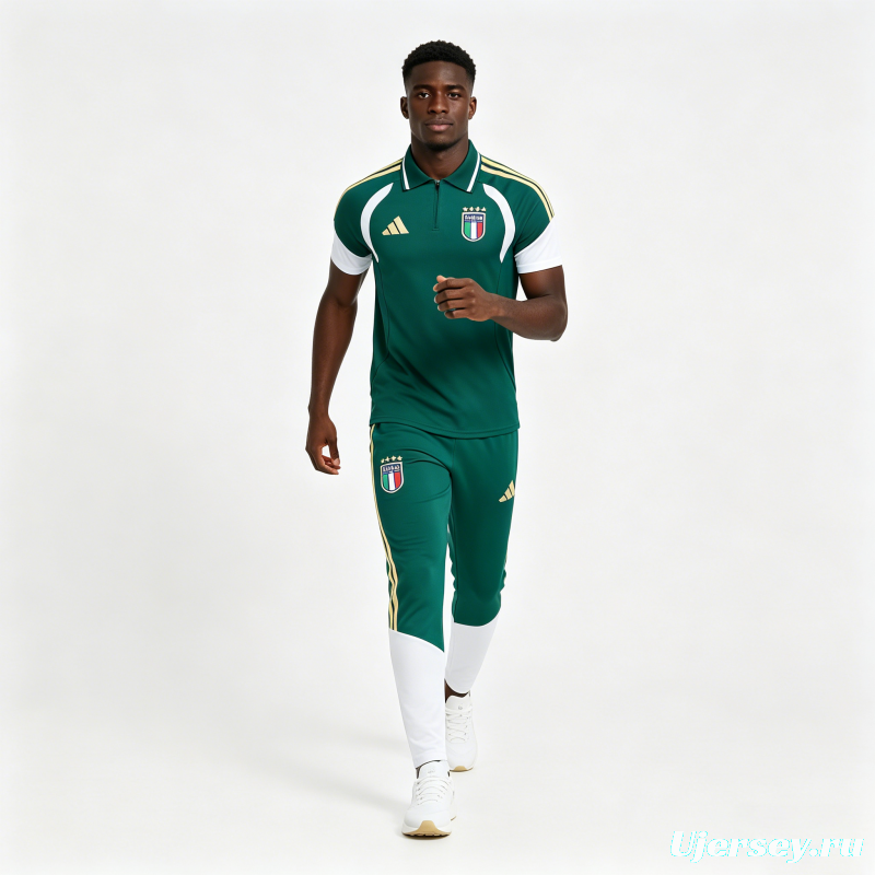 2026 Italy Green & White Half-Zip Polo Short Sleeve Tracksuit + Long Pants