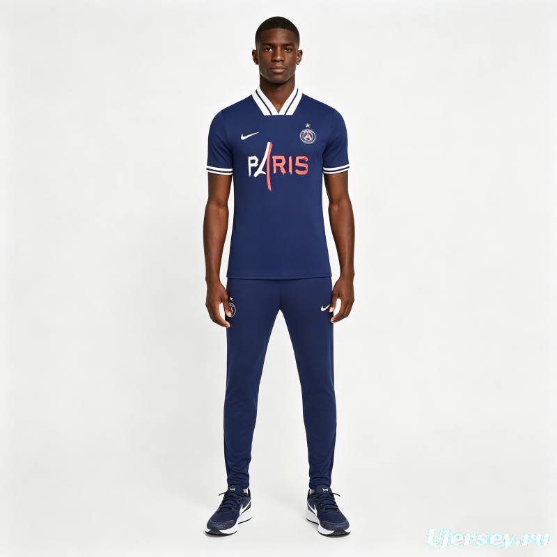 26/27 Paris Saint-Germain Navy Blue with "PARIS" Eiffel Tower Short Sleeve Tracksuit + Long Pants