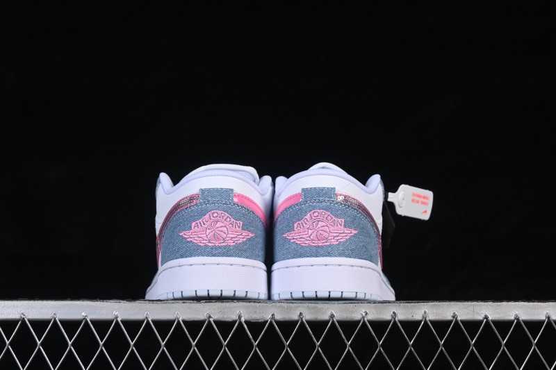 Nike Air Jordan 1 Low Basketball Lifestyle Shoes with Pastel Denim and Pink Rhinestone Swoosh - HQ2001-400