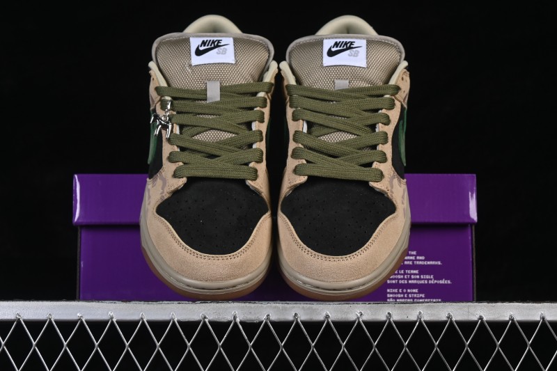 Nike SB Dunk Low Khaki Black Green Swoosh Skateboarding Shoes - HJ0367-200