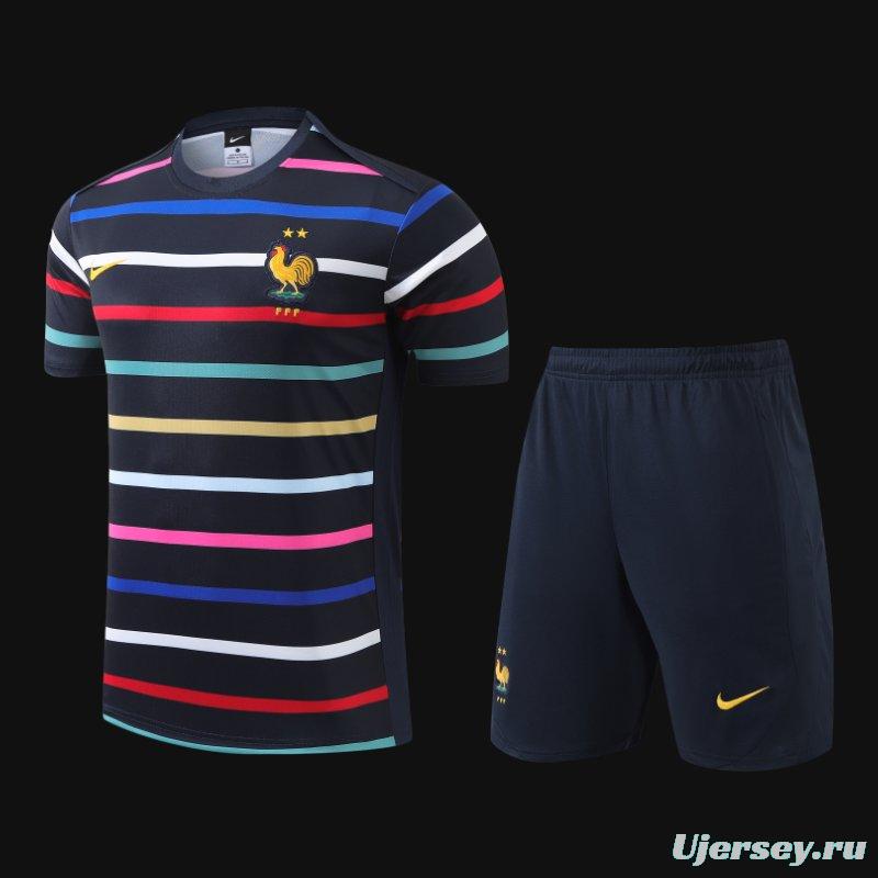 2024 France Navy Stripe Short Sleeve Jersey+Shorts