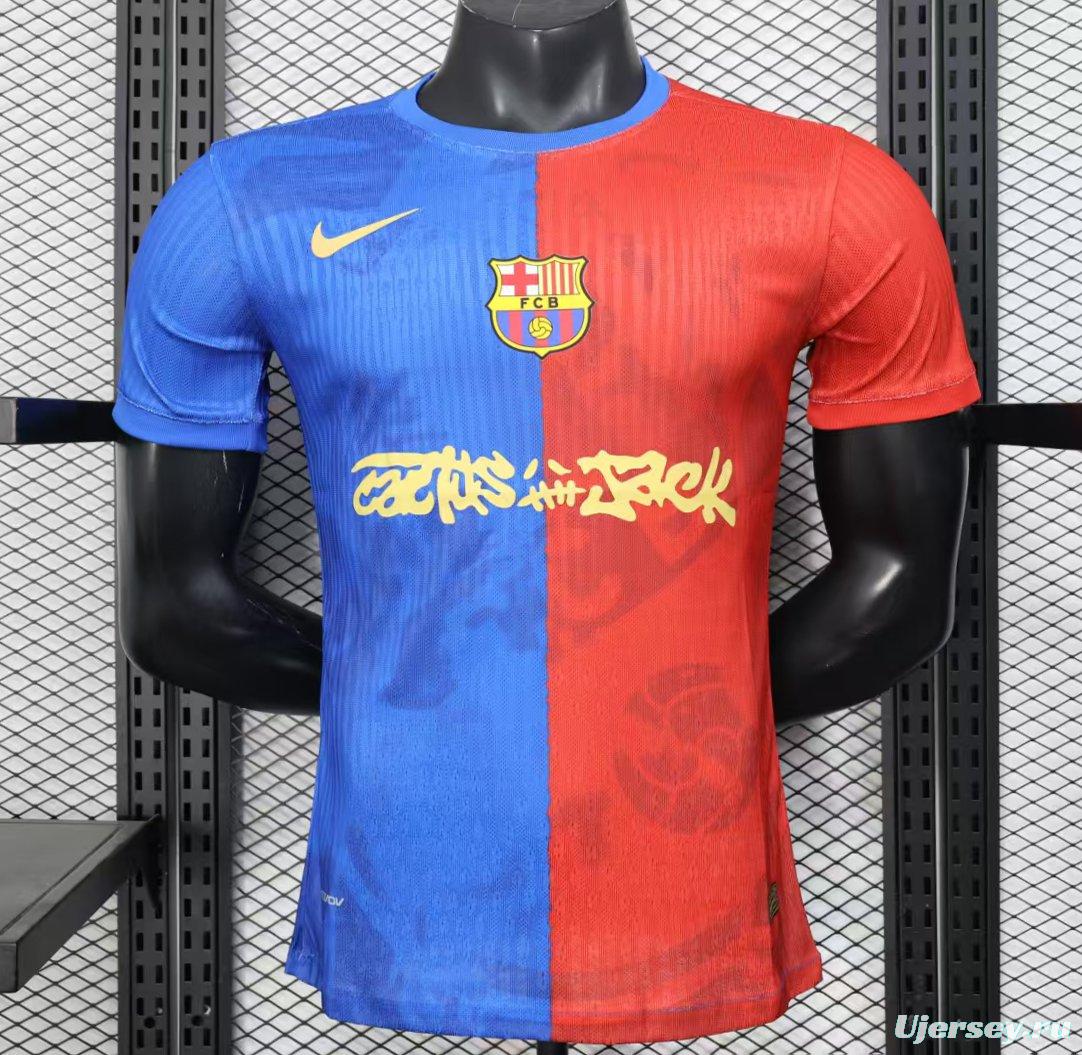 Player Version 25/26 Barcelona Travis Scott Blue with Red Half Split Jersey