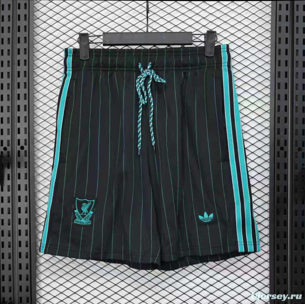 25/26 Liverpool Adidas Original Black with Teal Pinstripes Shorts