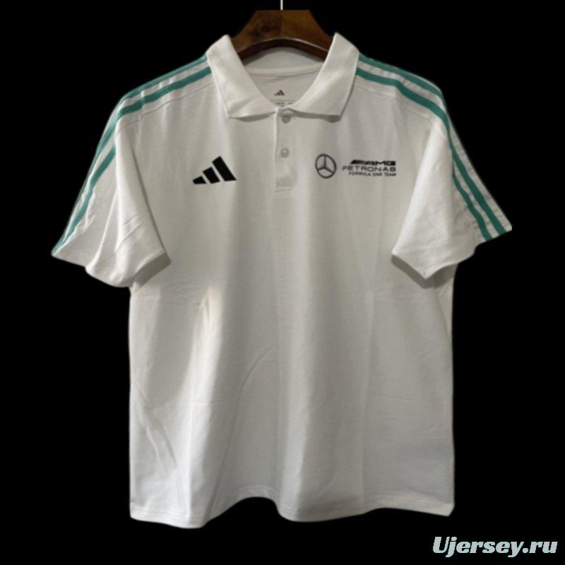2025 F1 Mercedes-AMG Petronas Formula One Team White with Turquoise Three Stripes Polo Shirt