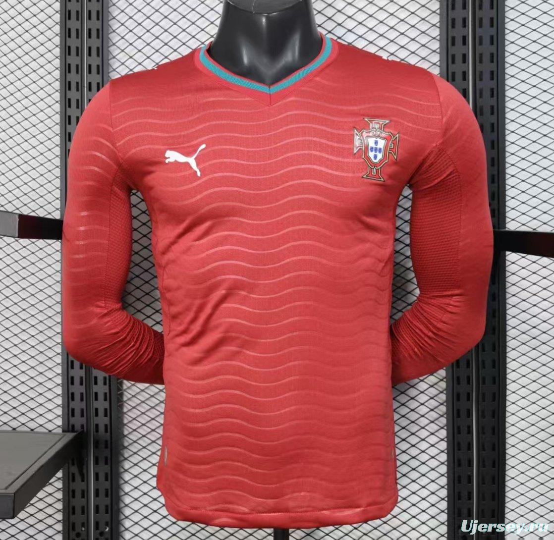 Player Version 2026 Portugal Home Long Sleeve Red with Horizontal Wave Pattern Jersey
