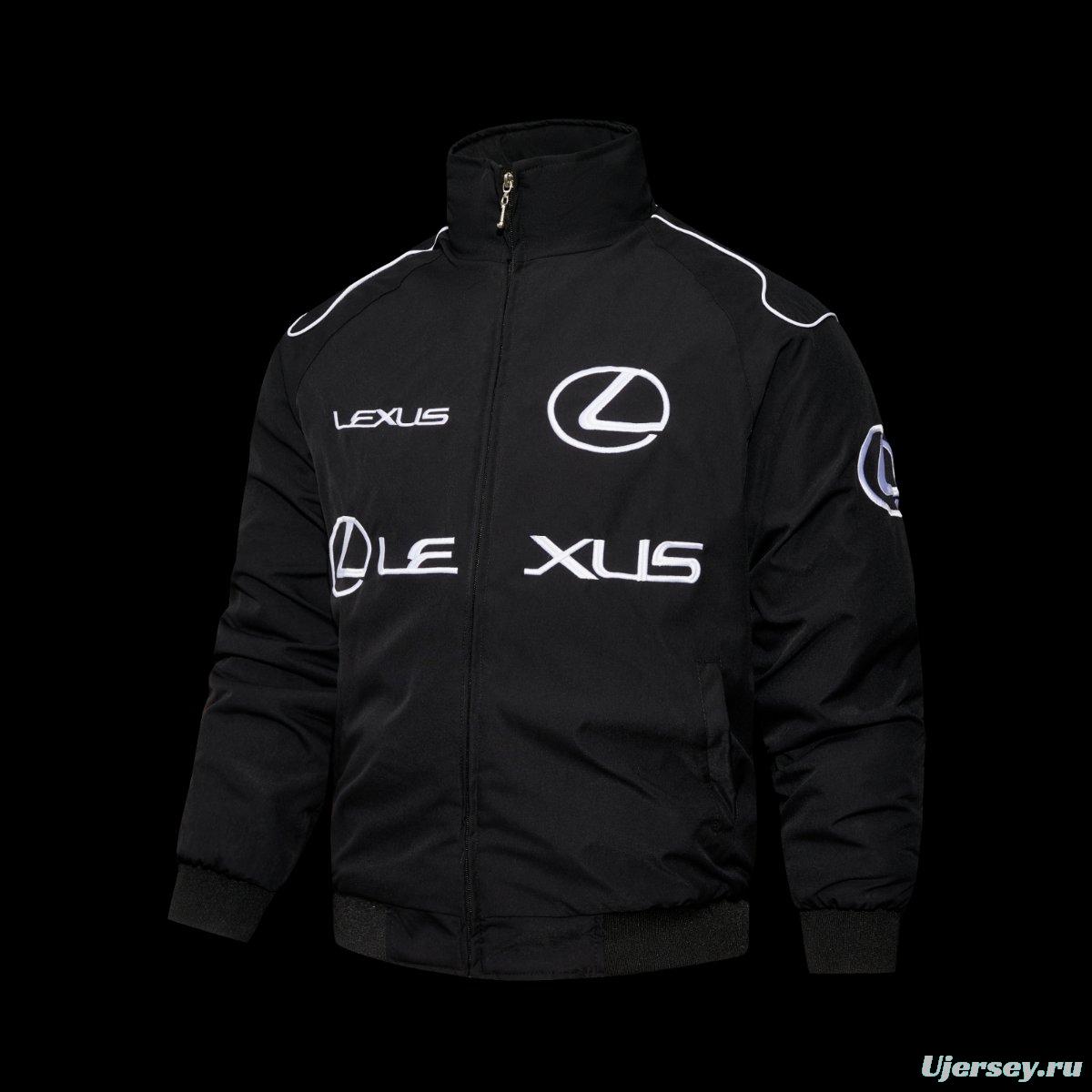 2026 F1 Lexus Black Racing Jacket with White Logo Embroidery and Piping Details