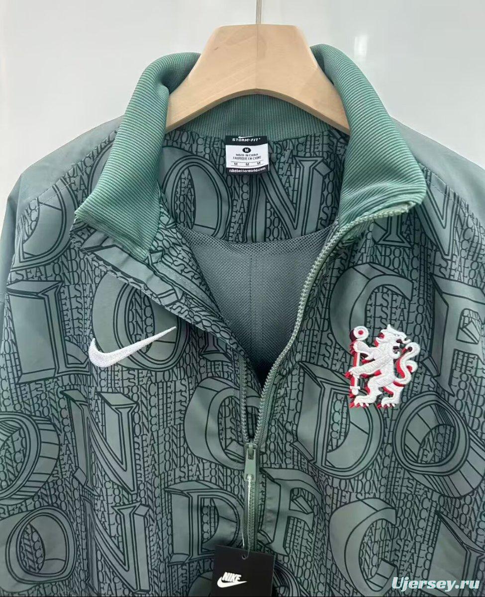 25/26 Chelsea FC Green with All-Over London Text Pattern Full Zipper Windbreaker