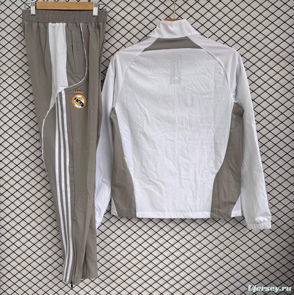 25/26 Real Madrid White with Grey Full zipper Jacket Tracksuit+ long pants