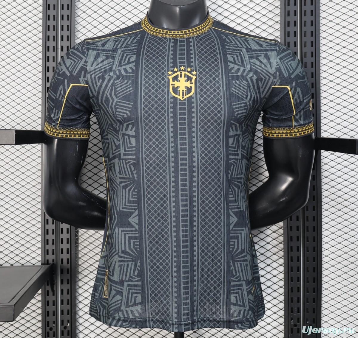 2026 Player Version Brazil Black with Gold Geometric Tribal Pattern Jersey