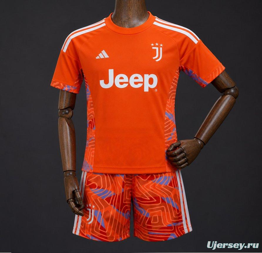 26/27 Kids Juventus Orange with Abstract Maze Pattern Goalkeeper Jersey Set