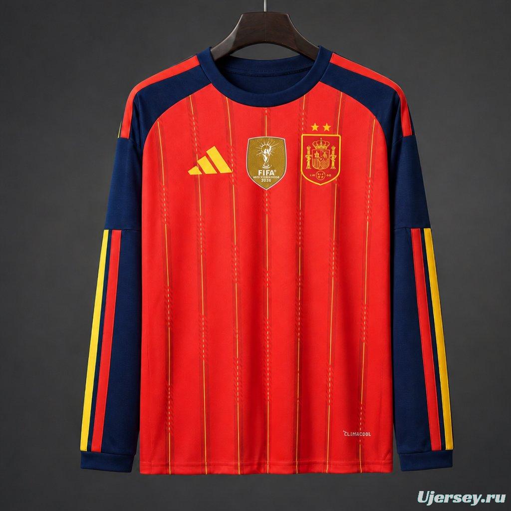 2 Star 2026 Spain Home Long Sleeve Jersey With Champion Patch